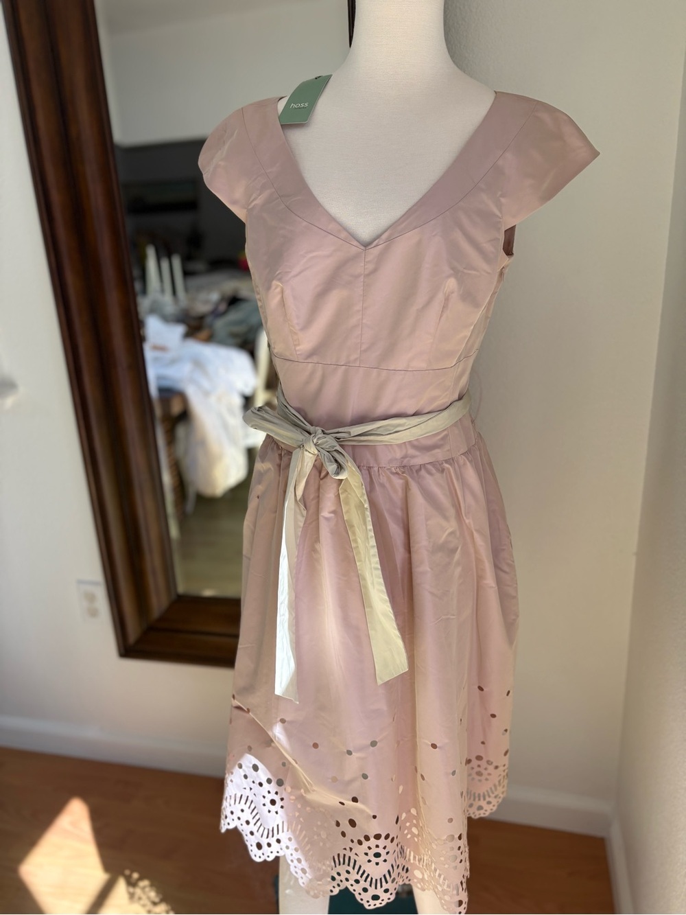 Fit-and-Flare Pink Midi Dress with Eyelet Hem and Contrast Waist Tie